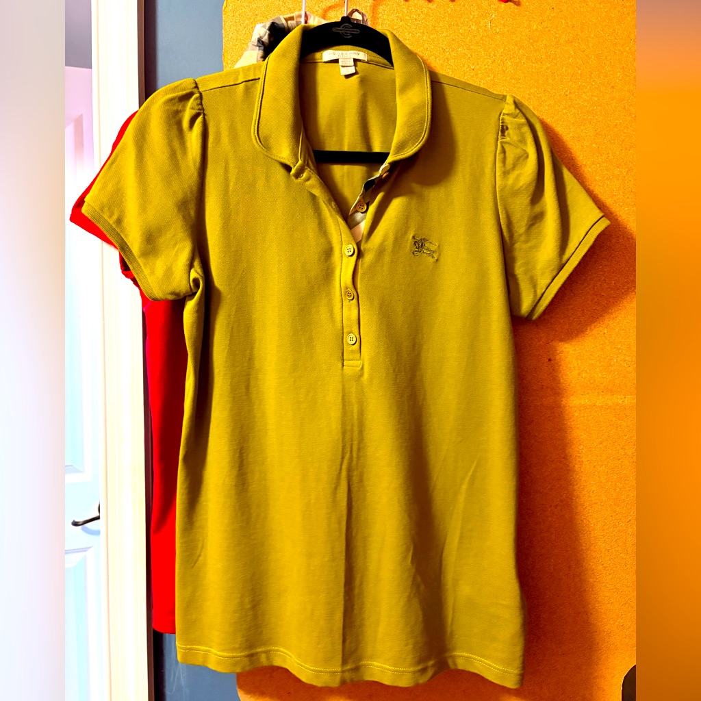 Burberry Polo Shirt Check Trim Olive Green Large